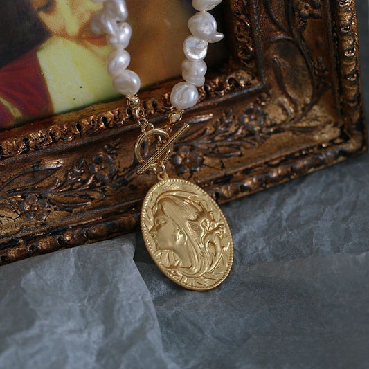 Divine Grace · Vintage Baroque Pearl & Goddess Medallion Necklace