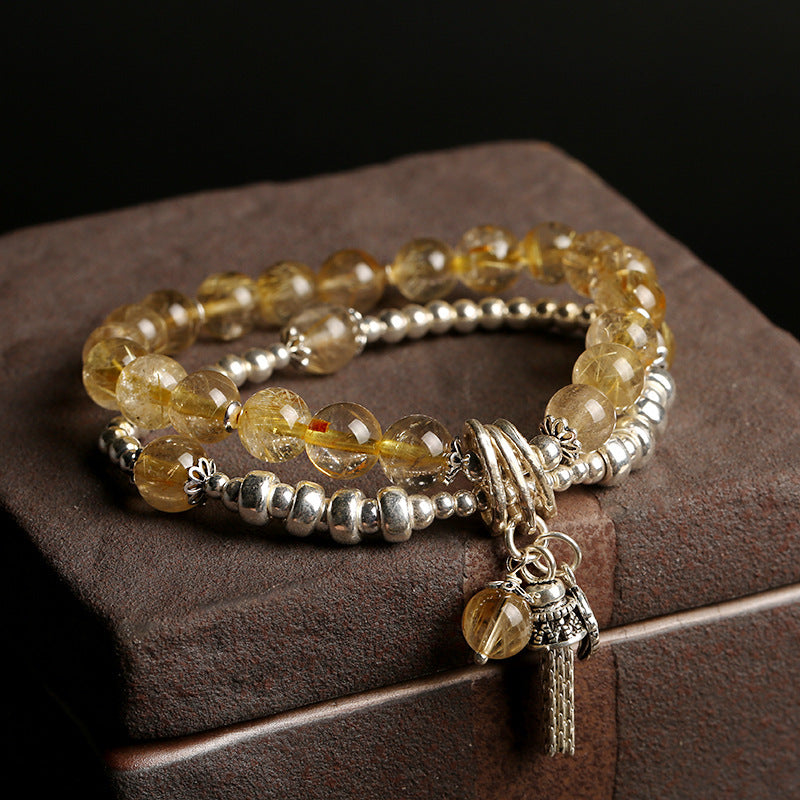 Golden Threads · Rutile Quartz & Silver Tassel Layered Bracelet