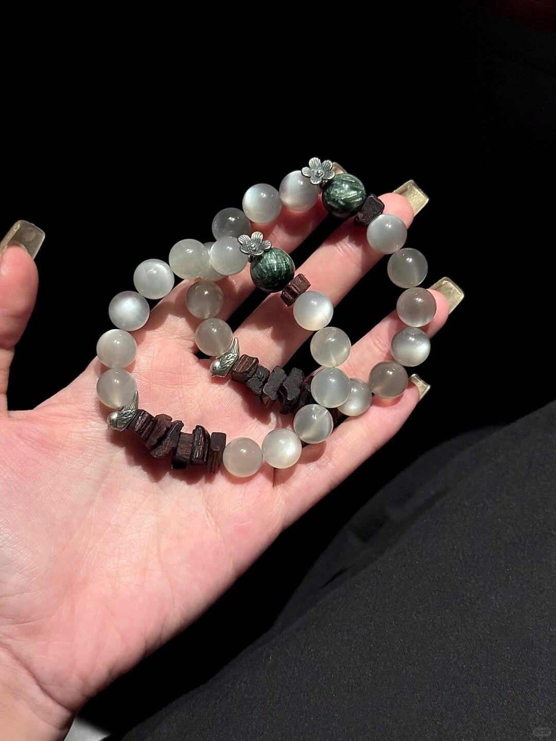 Forestglow Moon|Silver Moonstone & Seraphinite Bracelet