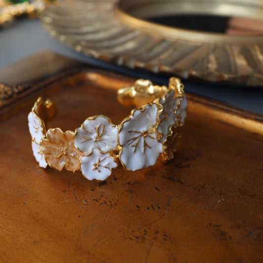 Golden Bloom · Vintage Floral Enamel Cuff Bracelet