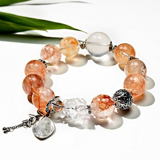 Fox Spirit · Red Floral Phantom Quartz & White Quartz Bracelet