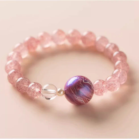 Bloomed Grace · Pink Strawberry Quartz Bracelet with Lacquer Bead & Pearl