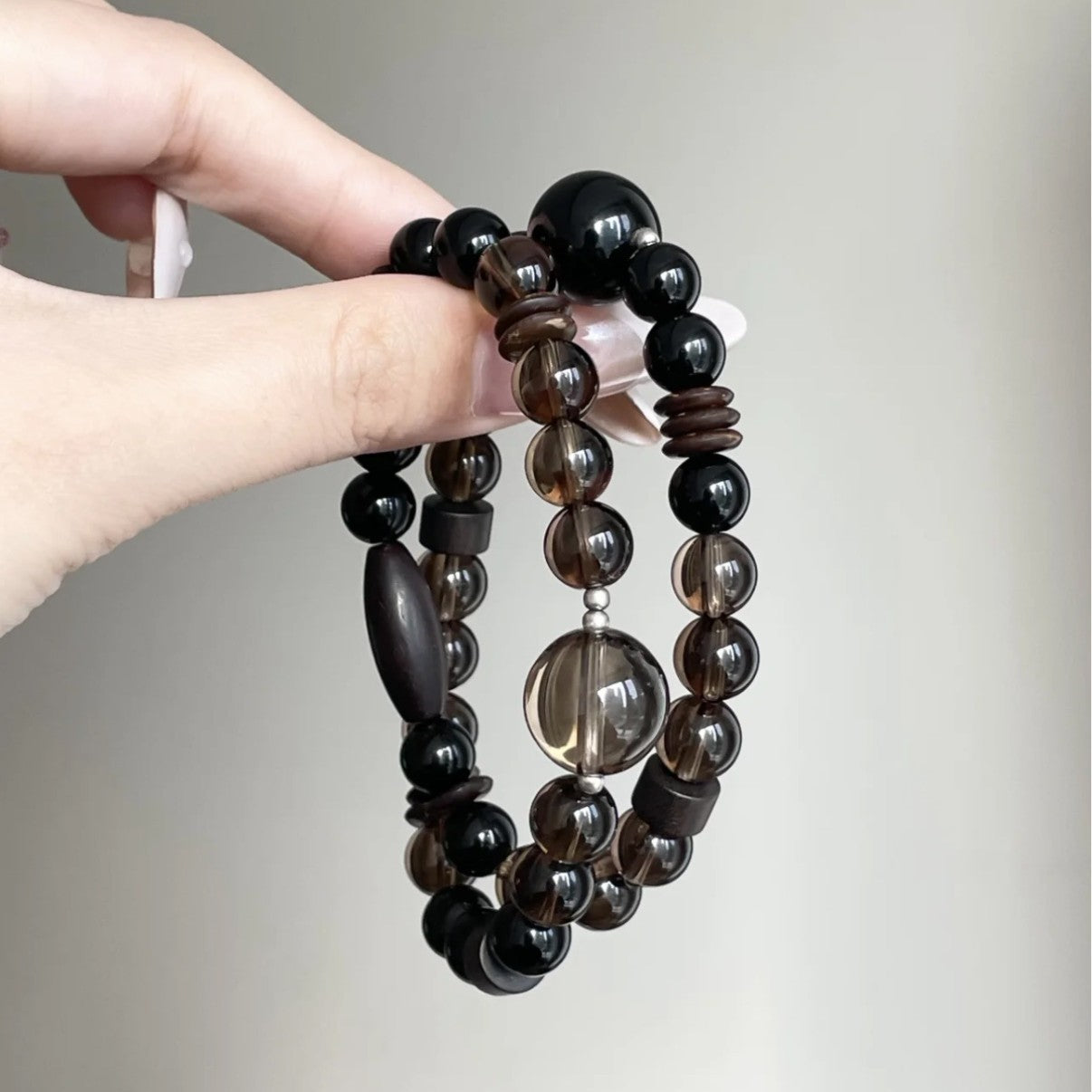 Inner Stillness · Smoky Quartz, Obsidian & Sandalwood Double Wrap Bracelet
