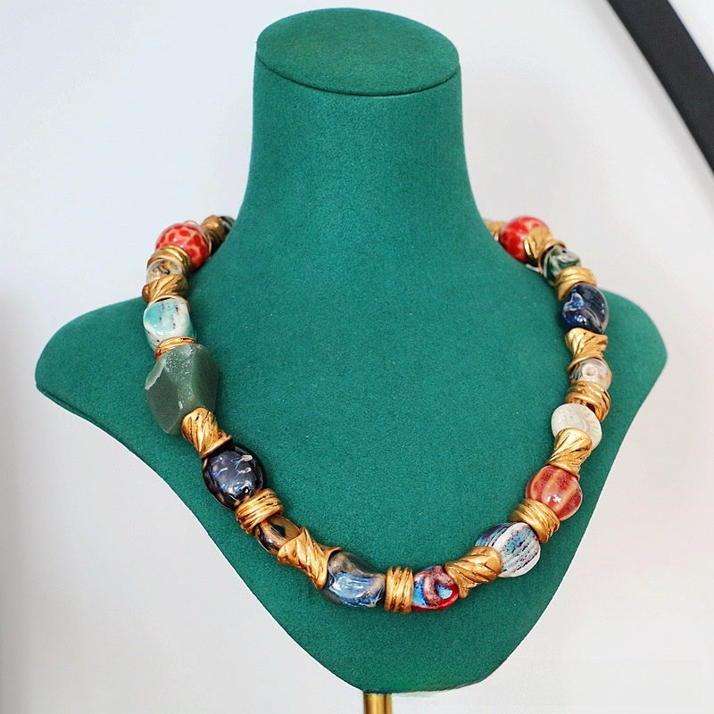 Archive Earth · Vintage Ceramic & Natural Stone Chunky Necklace