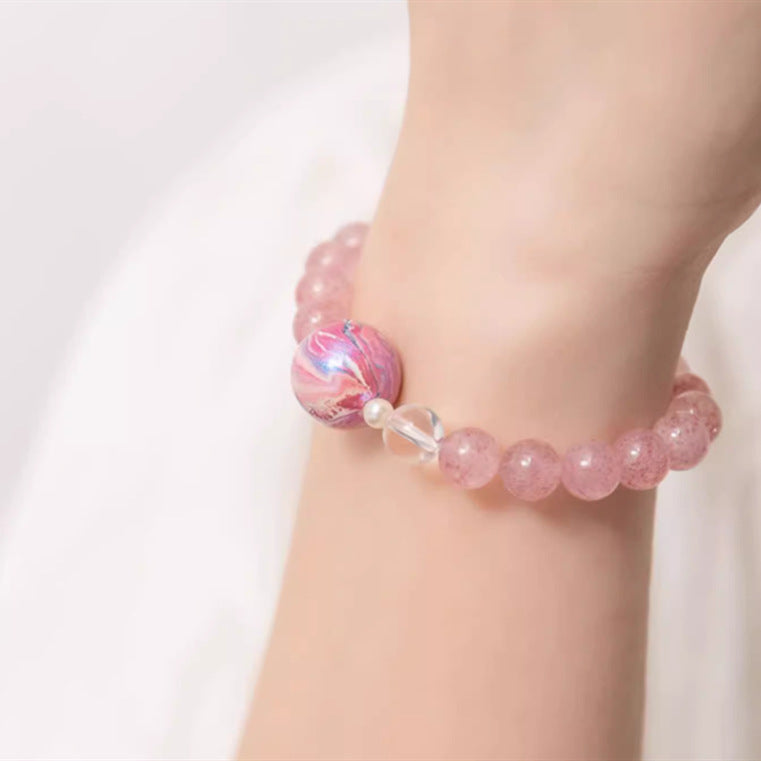 Bloomed Grace · Pink Strawberry Quartz Bracelet with Lacquer Bead & Pearl