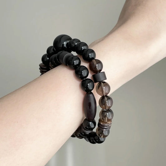 내면의 고요함 · 스모키 쿼츠, 흑요석 & 샌달우드 더블 랩 팔찌