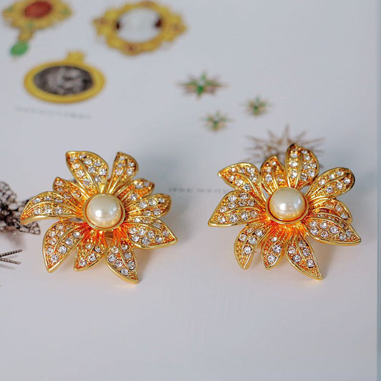 Golden Bloom · Vintage Pearl & Crystal Floral Clip Earrings