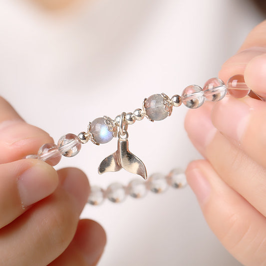Ocean Whisper · Clear Quartz Bracelet with Silver Whale Tail
