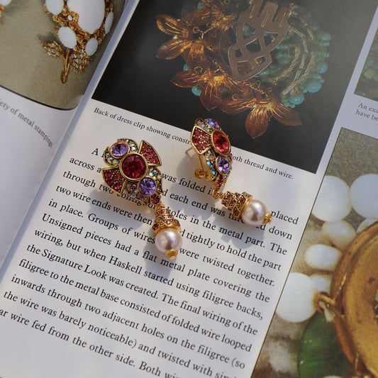 크라운 블룸 · 빈티지 멀티컬러 젬 & 펄 드롭 이어링