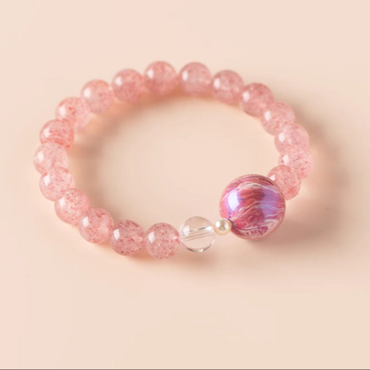 Bloomed Grace · Pink Strawberry Quartz Bracelet with Lacquer Bead & Pearl