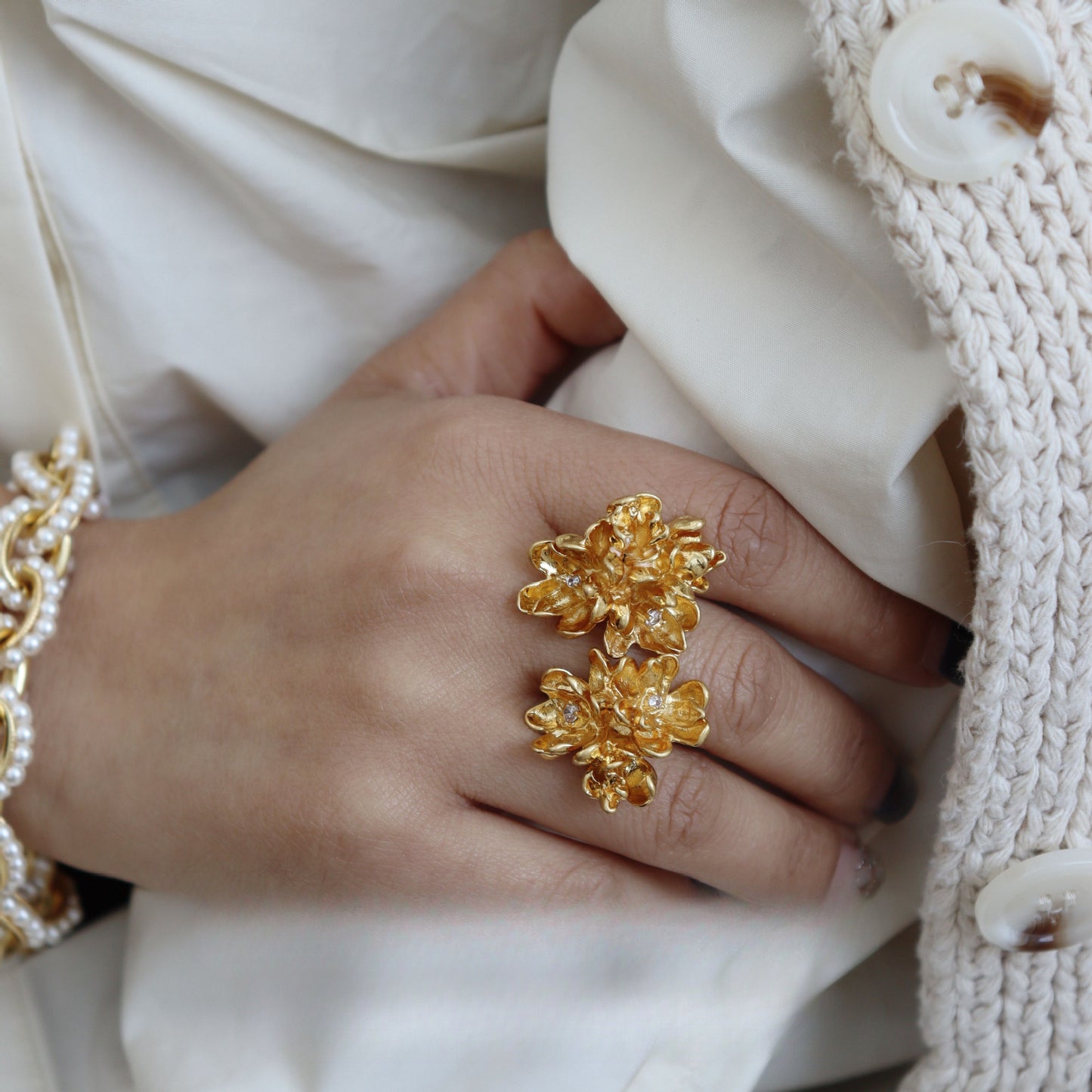 Twin Bloom · Vintage Skulpturierter Verstellbarer Goldring