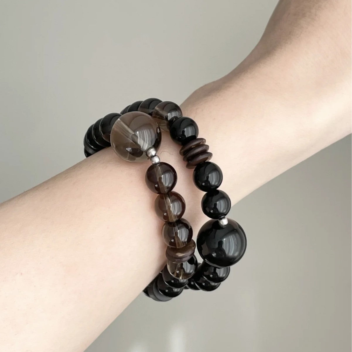 Inner Stillness · Smoky Quartz, Obsidian & Sandalwood Double Wrap Bracelet