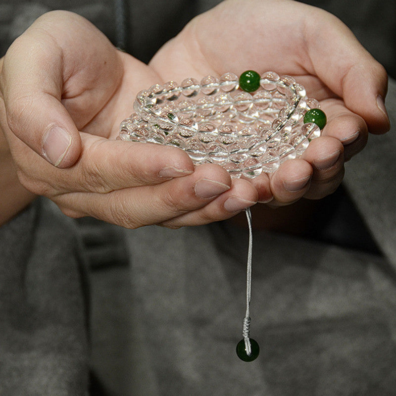 Clear Quartz Mala · 108 Beads with Green Jade Accents