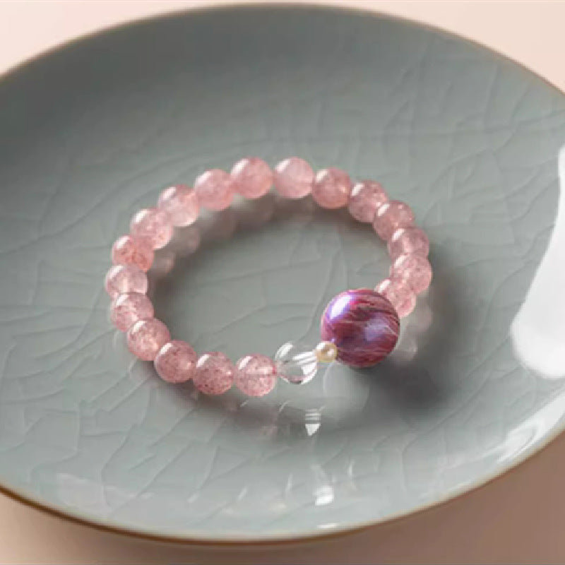 Bloomed Grace · Pink Strawberry Quartz Bracelet with Lacquer Bead & Pearl
