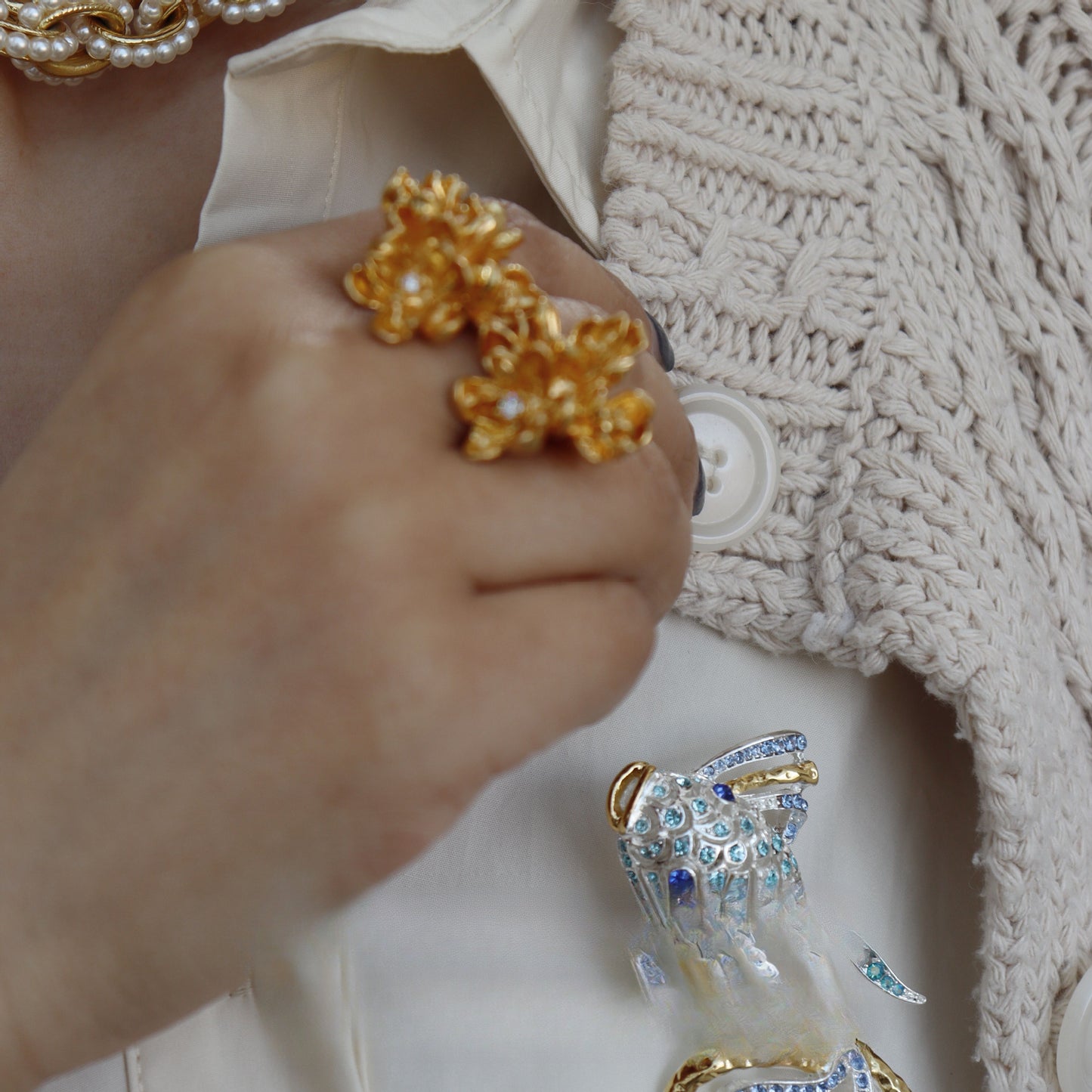 Twin Bloom · Vintage Skulpturierter Verstellbarer Goldring