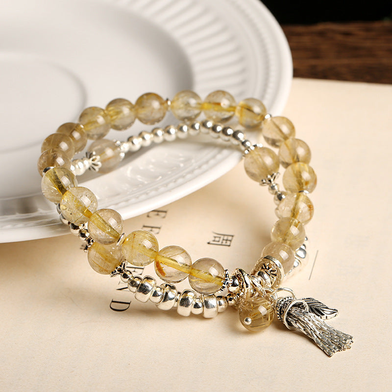 Golden Threads · Rutile Quartz & Silver Tassel Layered Bracelet