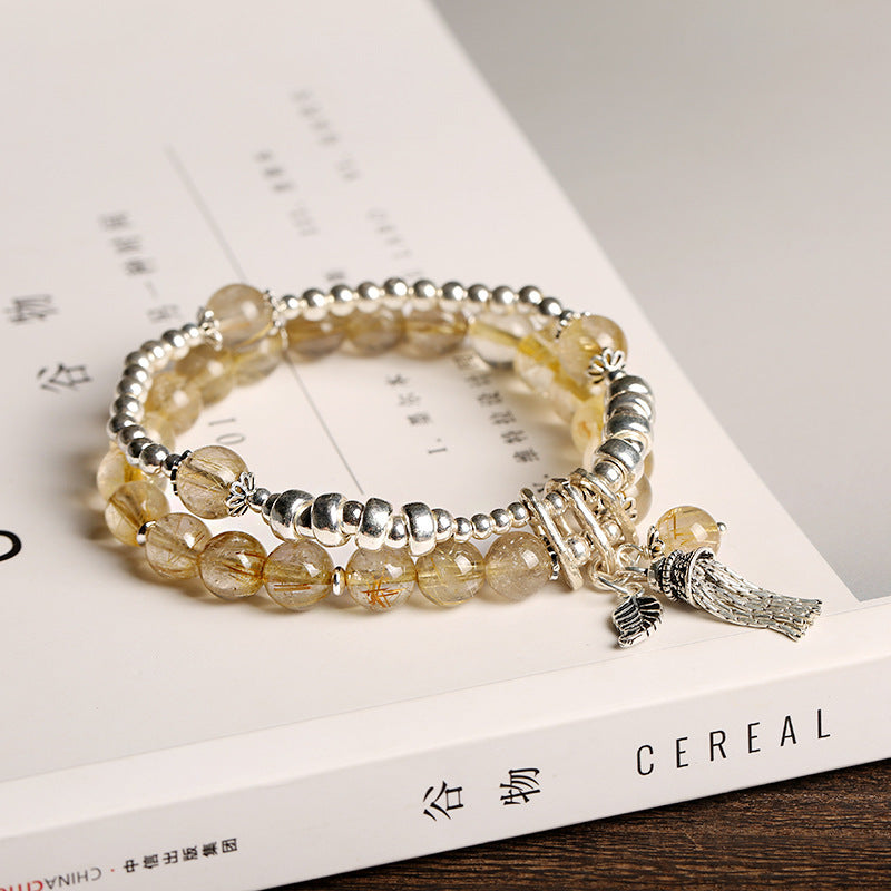 Golden Threads · Rutile Quartz & Silver Tassel Layered Bracelet