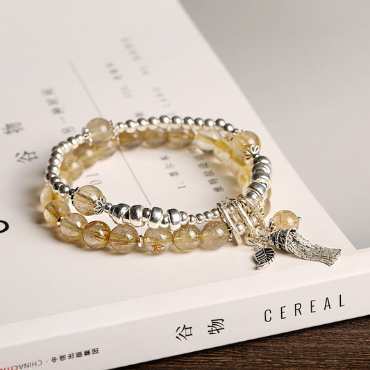 Golden Threads · Rutilated Quartz & Silver Tassel Layered Bracelet