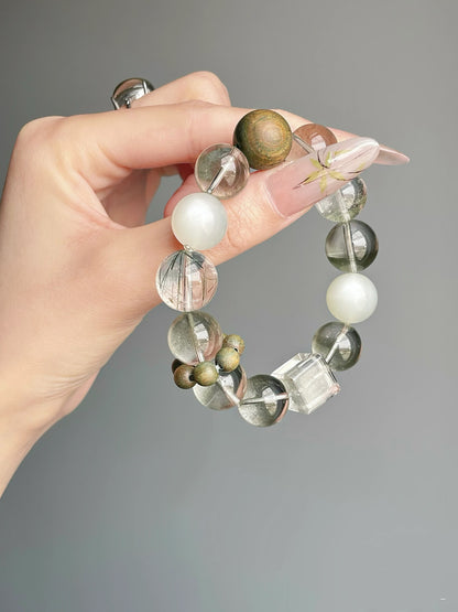 Verdant Mist · Pulsera de Flujo de Cuarzo Fantasma y Piedra Lunar Verde