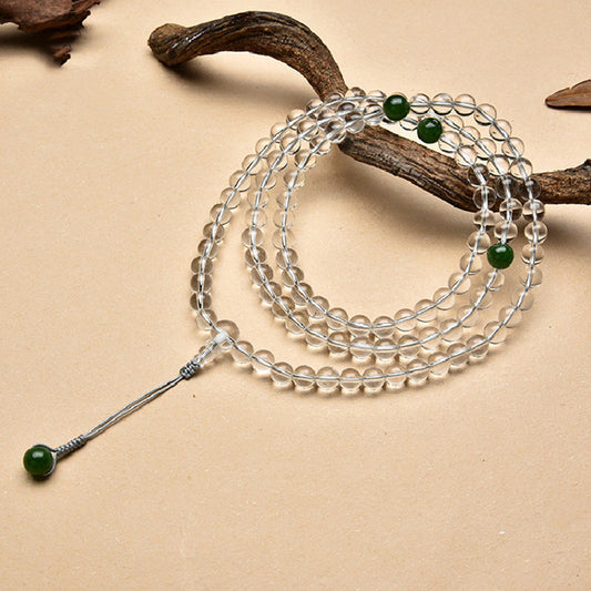 Clear Quartz Mala · 108 Beads with Green Jade Accents