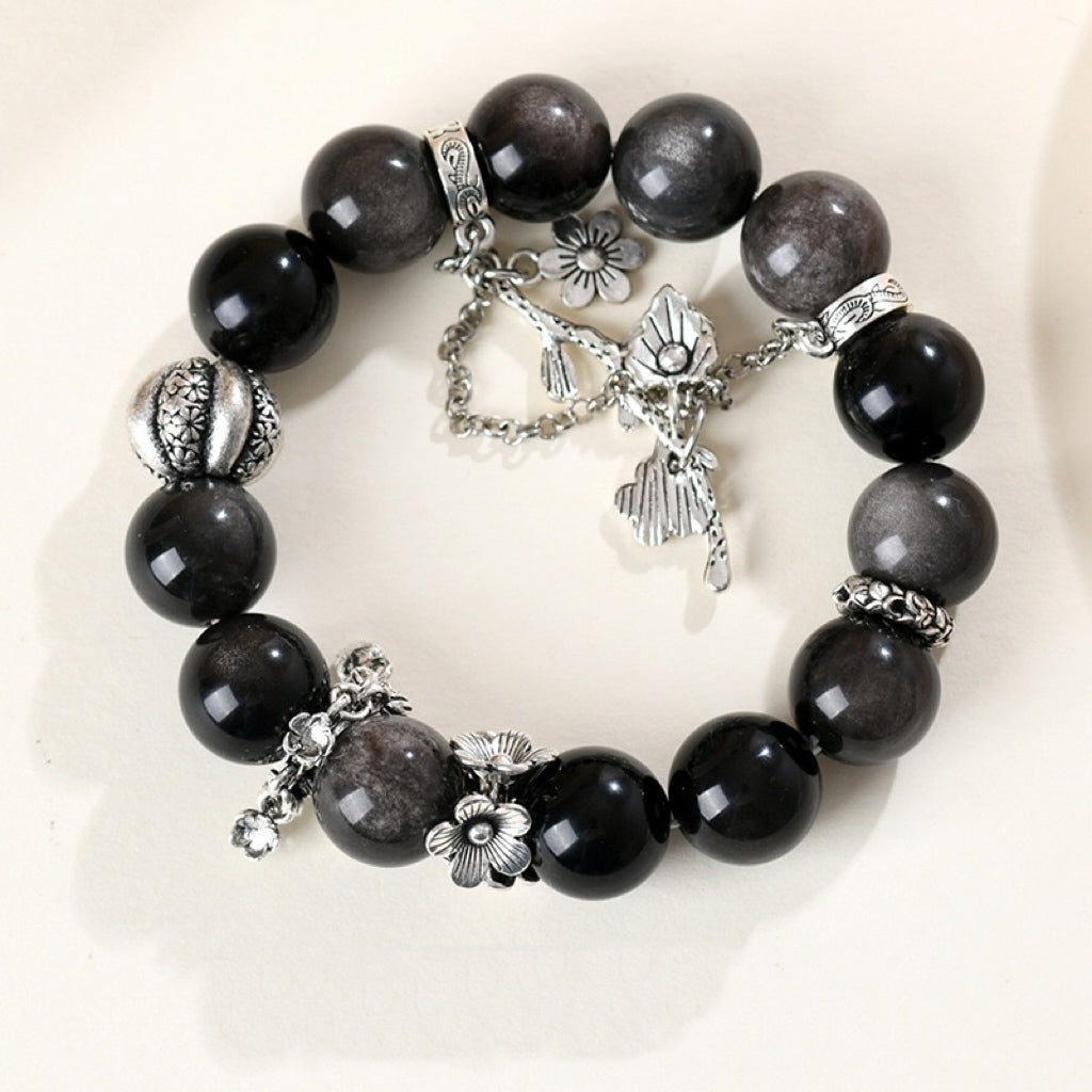 Shadow Bloom · Silver Obsidian Charm Bracelet