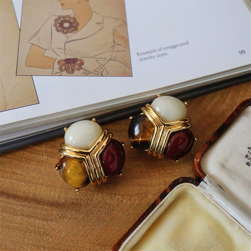 トリニティ・クレスト · ヴィンテージ・スリートーン・カボション・クリップイヤリング