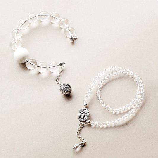 Moon Clarity · Clear Quartz Bracelet (12mm) & Clear Quartz Multi-Wrap Mala (4mm)