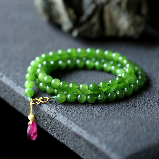 Verdant Calm · Natural Green Jade Wrap Bracelet with Tourmaline Charm