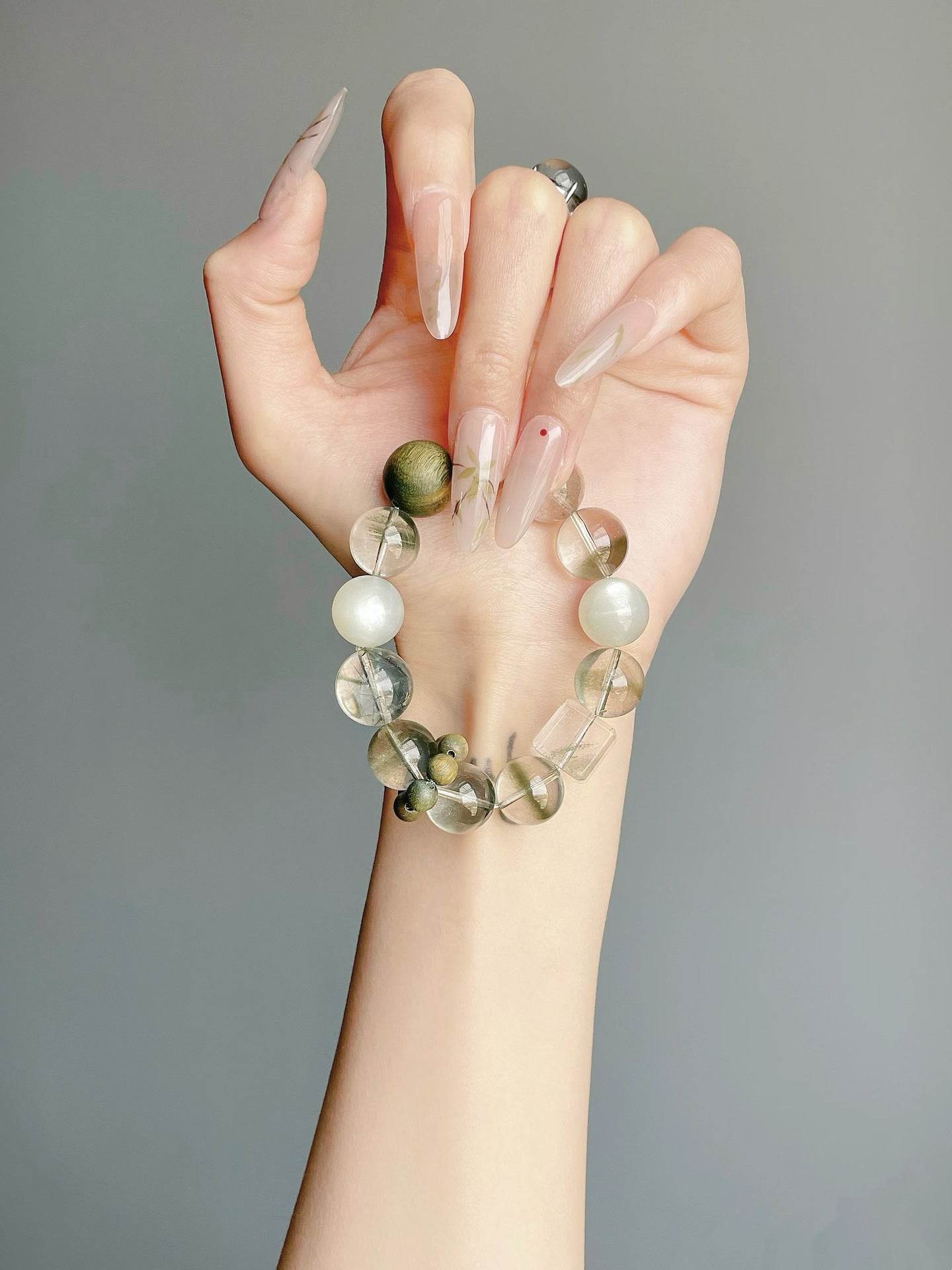 Verdant Mist · Pulsera de Flujo de Cuarzo Fantasma y Piedra Lunar Verde