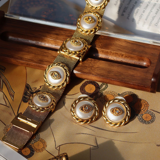 Golden Eye · Vintage Armband- und Ohrring-Set mit geflochtenem Rand