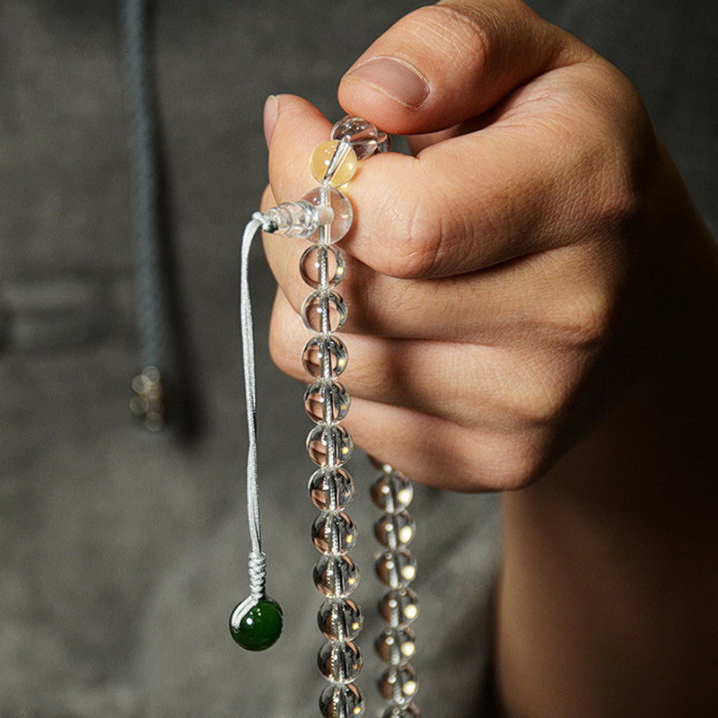 Clear Quartz Mala · 108 Beads with Green Jade Accents