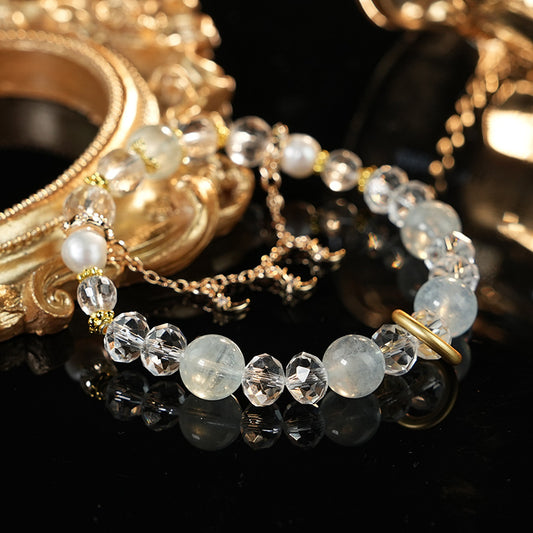Lunar Drift · Aquamarine Crystal Bracelet with Moon Charms