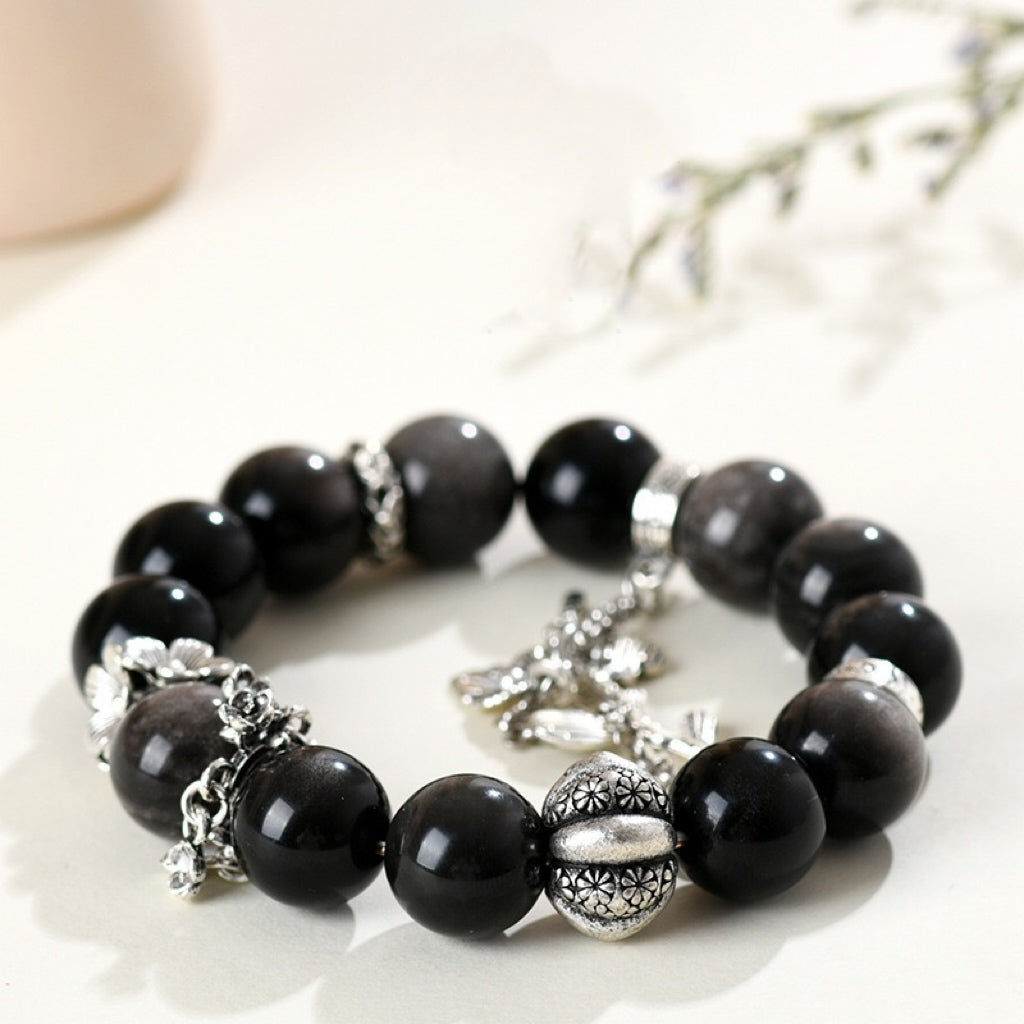 Shadow Bloom · Silver Obsidian Charm Bracelet