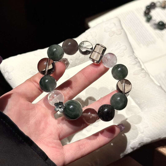 Pineborn Grove · Green Rutilated Quartz & Smoky Forest Crystal Bracelet