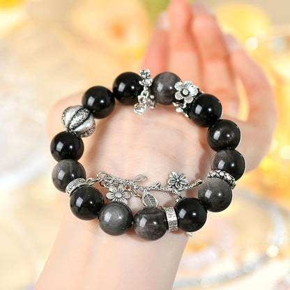 Shadow Bloom · Silver Obsidian Charm Bracelet