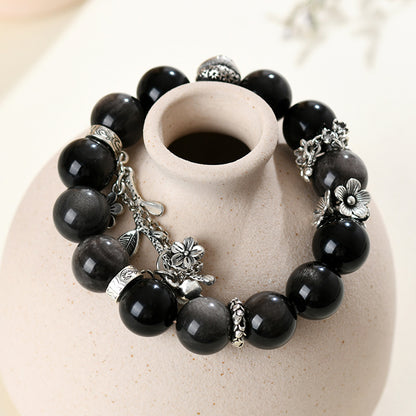 Shadow Bloom · Silver Obsidian Charm Bracelet