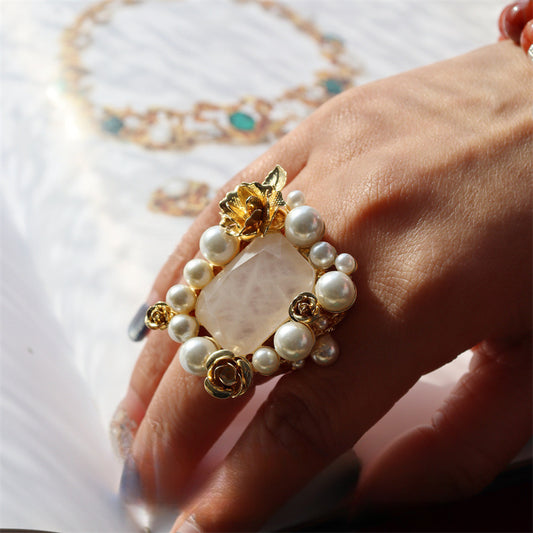 Rosa Regal · Anillo de Perla de Piedra de Azúcar Rosa Vintage
