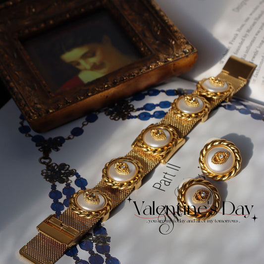 Golden Eye · Vintage Armband- und Ohrring-Set mit geflochtenem Rand