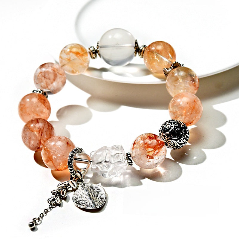 Fox Spirit · Red Floral Phantom Quartz & White Quartz Bracelet
