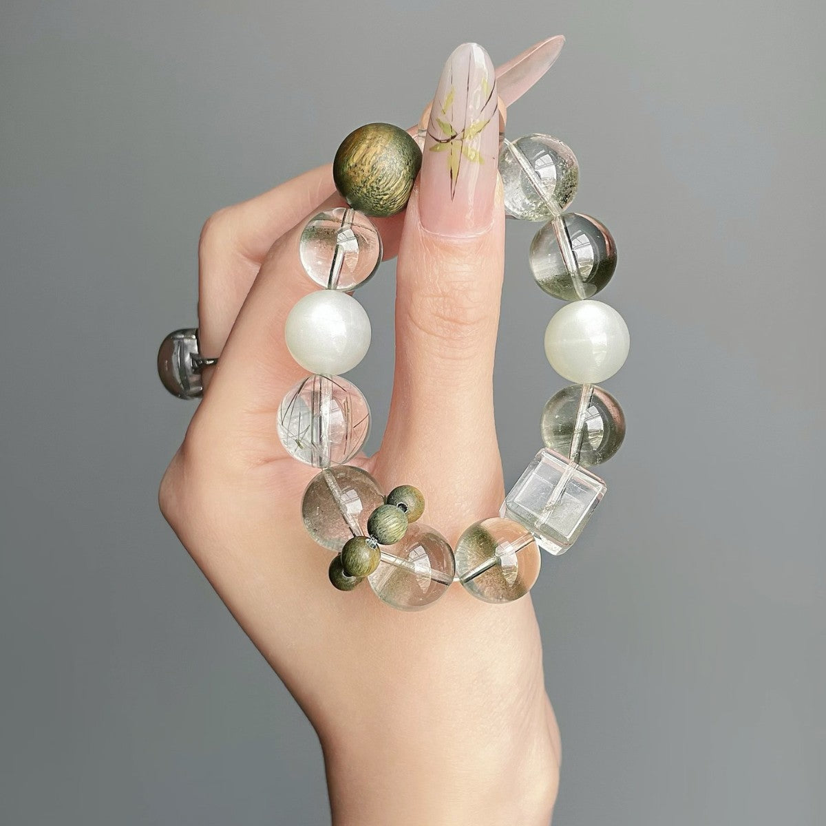Verdant Mist · Pulsera de Flujo de Cuarzo Fantasma y Piedra Lunar Verde