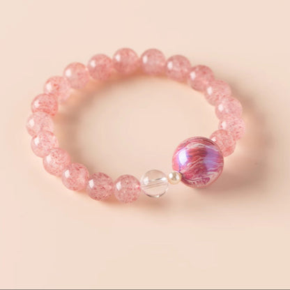 Bloomed Grace · Pink Strawberry Quartz Bracelet with Lacquer Bead & Pearl