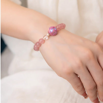 Bloomed Grace · Pink Strawberry Quartz Bracelet with Lacquer Bead & Pearl