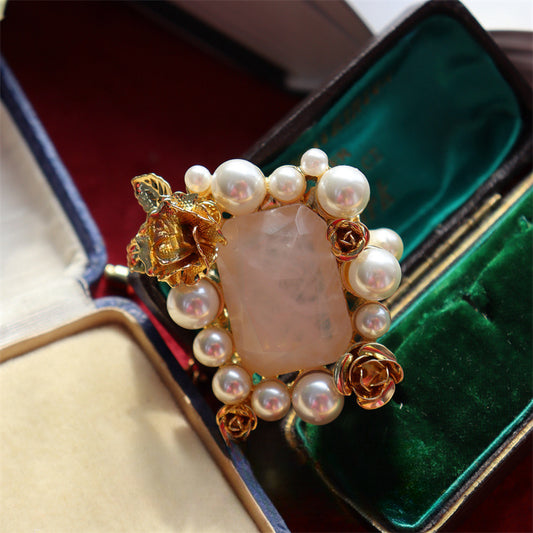 Rosa Regal · Anillo de Perla de Piedra de Azúcar Rosa Vintage