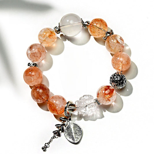 Fox Spirit · Red Floral Phantom Quartz & White Quartz Bracelet