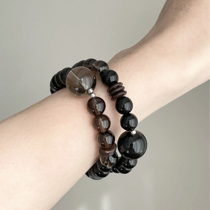 Inner Stillness · Smoky Quartz, Obsidian & Sandalwood Double Wrap Bracelet