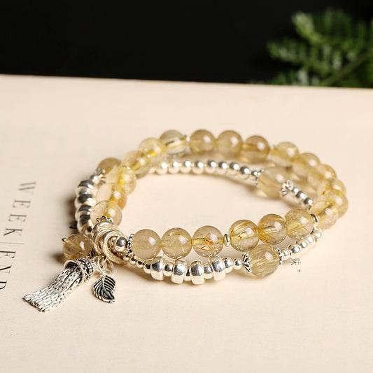 Golden Threads · Rutilated Quartz & Silver Tassel Layered Bracelet