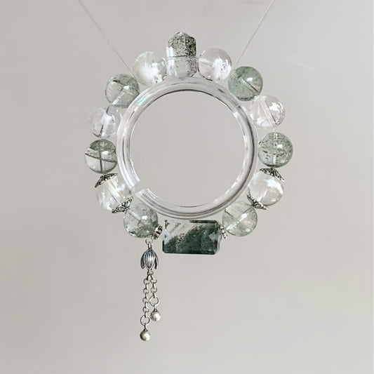 Spring Thaw · Green & Snow Phantom Quartz Silver Tassel Bracelet