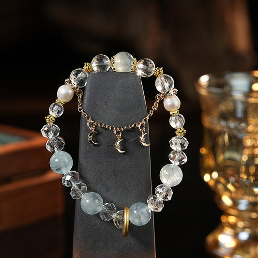 Lunar Drift · Aquamarine Crystal Bracelet with Moon Charms